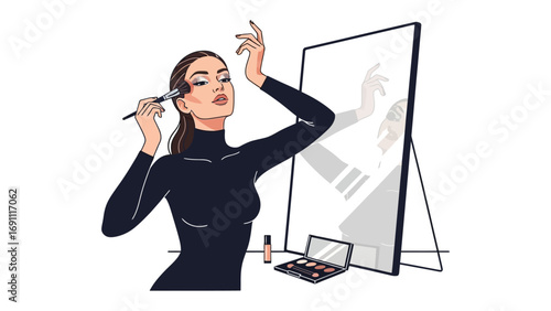 Elegant woman applying bold dark lipstick with a makeup artist holding a golden lipstick tube in the background illustrating beauty and glamour