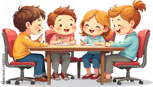 Group of diverse children drawing together at classroom table, happy students learning and collaborating in colorful school education vector illustration
