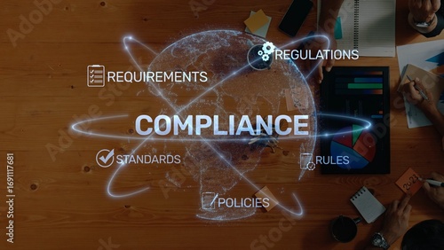 Concept of global compliance illustrated with regulations and requirements over a world map, showcasing teamwork and strategy in an office environment. Raster