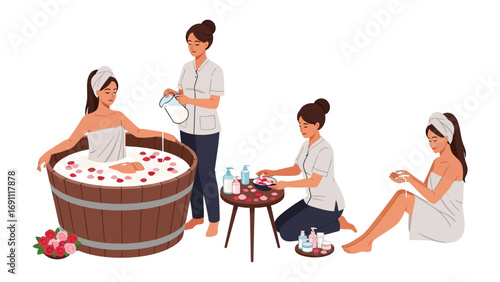 Professional makeup artist applying cosmetics to a client while another artist holds a palette of makeup products and brushes
