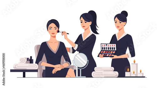 Three young women are focused on applying nail polish and manicures at a table showcasing beauty and self care activities