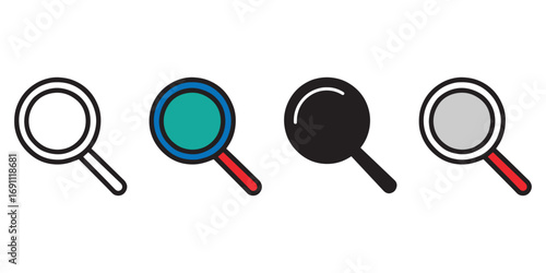 Minimalist Magnifying Glass Icon Set – Search, Focus, and Discovery Symbols in Flat, Outline, and Color Variants for UI Design, Educational Apps, and Analytical Tools