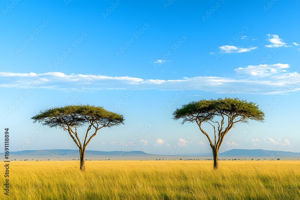 Obraz premium Serene savanna vista featuring iconic acacia trees under expansive blue skies