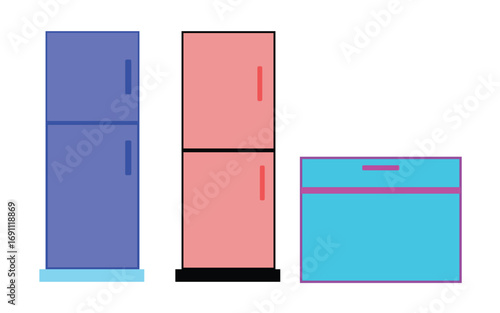 Three colorful refrigerators in a simple vector style on white background