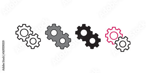 Minimalist Gear Icon Set – Interlocking Mechanical and Industrial Symbols in Flat, Outline, and Color Variants for Engineering UI, Teamwork Graphics, and System Design