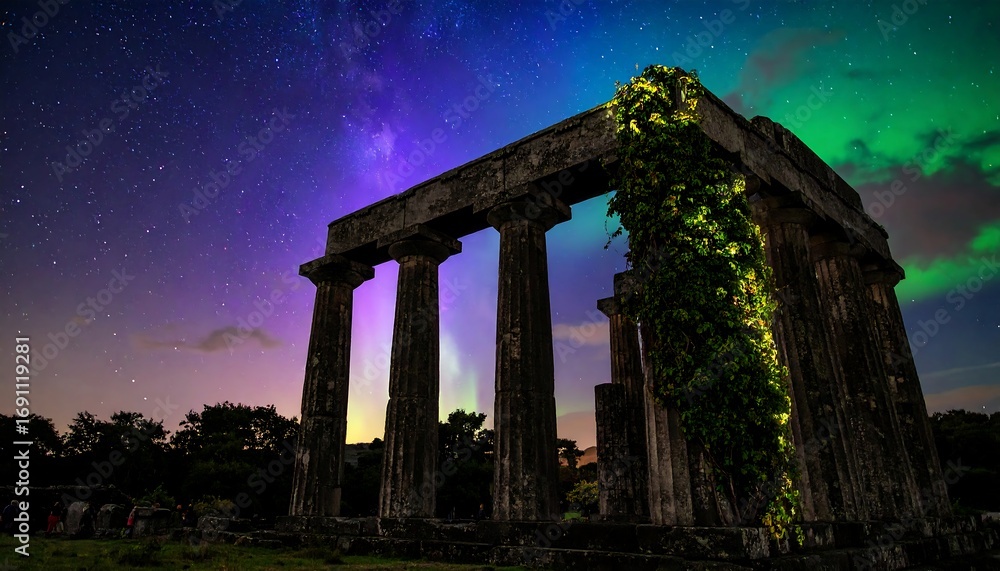 Fototapeta premium Ancient Stone Ruins Under Night Sky with Aurora Borealis