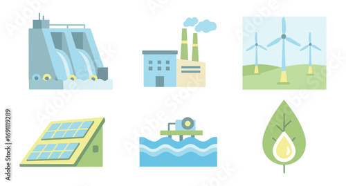 Various sources of energy, including a dam, a factory, wind turbines, solar panels, a wave energy device, and a leaf with a drop.