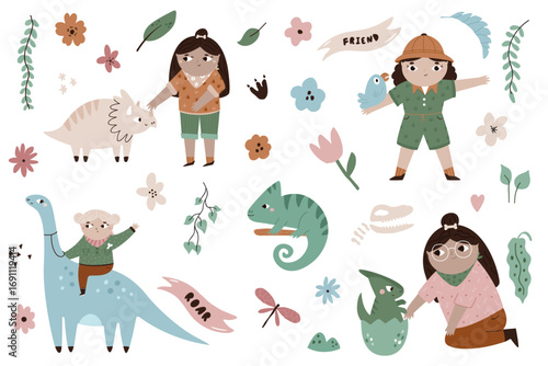Cute Girl Explorer and Dinosaurs Vector Set. Adventure Clipart Collection