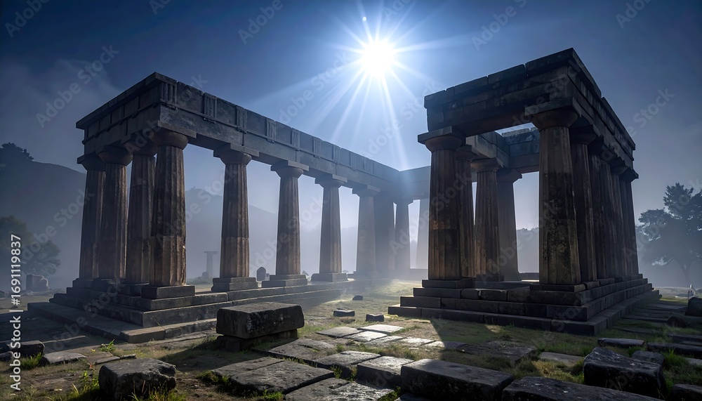 Fototapeta premium Ancient Stone Structure Ruins Under Bright Sunlight in Misty Landscape