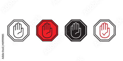 Minimalist Octagonal Hand Icon Set – Stop, Warning, and Approval Symbols in Flat and Outline Styles for UI Alerts, Safety Signage, and Action-Based Graphic Design