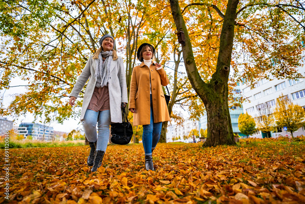 Fototapeta premium Two beautiful mature women walking in city park on autumn day. Front view