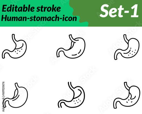 Human-stomach set line icon.A simplified cartoon-style human stomach with soft curves smiling face, and friendly eyes. Designed in bright colors symbolizing digestion health and medical awareness.