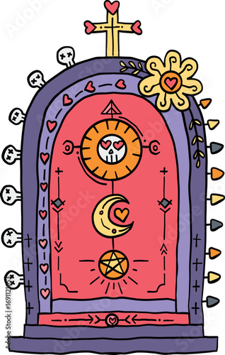 halloween cute cartoon. Colorful mystical altar with sun, moon, star, and skull decorations. retro trendy halloween in doodle pastel color style