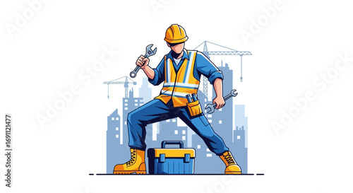 Construction Worker with Helmet and Tools Vector Illustration