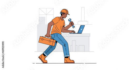 Construction Worker with Helmet and Tools Vector Illustration
