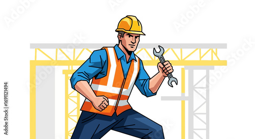 Construction Worker with Helmet and Tools Vector Illustration