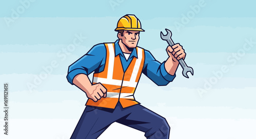 Construction Worker with Helmet and Tools Vector Illustration