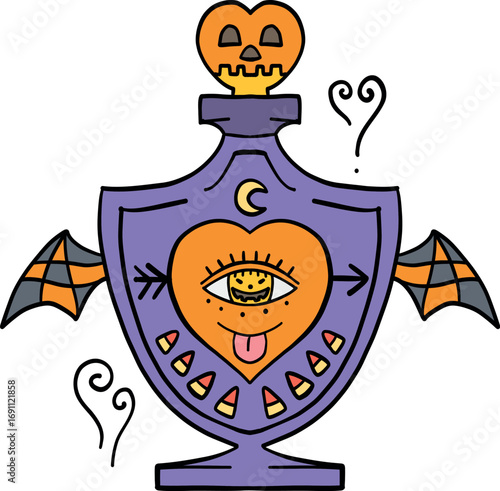 halloween cute cartoon. Halloween-themed purple bottle with bat wings and a pumpkin stopper retro trendy halloween in doodle pastel color style