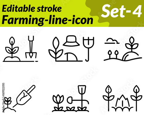 Farming icon character. designed with elements like a farmer holding a pitchfork tractor barn or crop fields. Includes wheat corn or rice plants to symbolize agriculture. Drawn in a flat clean vector.
