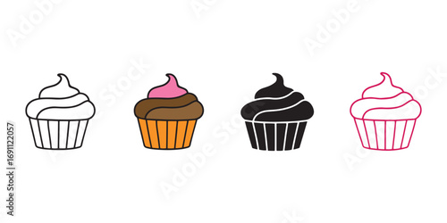 Minimalist Cupcake Icon Set – Bakery, Dessert, and Celebration Symbols in Flat, Outline, and Color Variants for Food Apps, Sweet-Themed UI, and Graphic Design Use