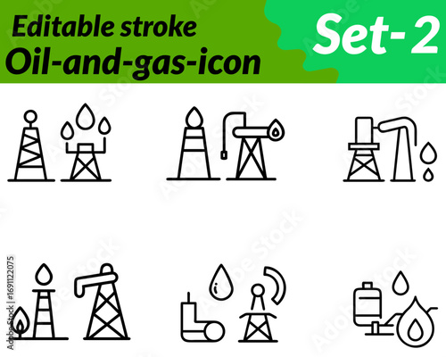 A detailed icon showing an oil rig with a fuel droplet. pipelines, and storage tanks, using dark gray and orange tones. symbolizing energy production extraction and petroleum industry operations.