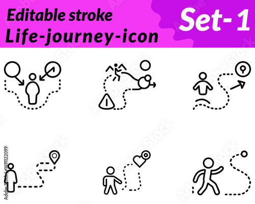 An inspiring icon showing a winding path through mountains. and valleys with a rising sun and footsteps symbolizing personal growth, experiences challenges and the continuous journey of life.