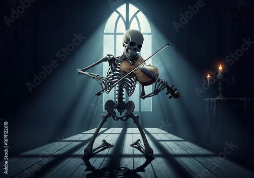 Skeleton plays violin with dramatic spotlight in a dark, gothic hall