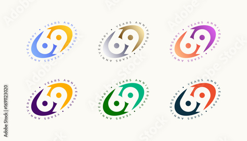 Collection Number Anniversary Colourful 69th, 69th Happy Anniversary with Oval, Sphere or Ellipse shape and any colour.