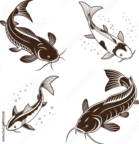 Four stylized koi fish in dynamic poses with water splashes
