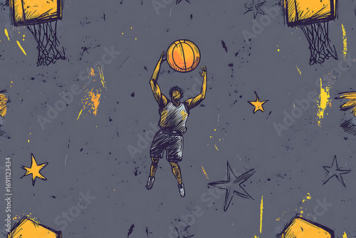 Hand-drawn vector seamless pattern with sports elements, basketball ball and player in the air, stars, and graffiti doodles. Gray background