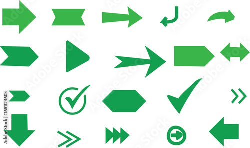  Vector art of collection of green arrows and checkmarks, representing direction, choice, and confirmation