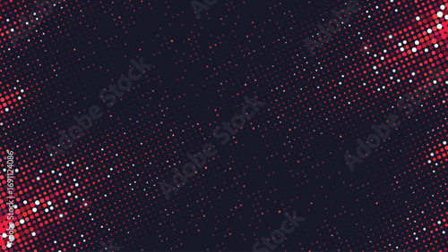 Red halftone dots vector background with diagonal gradient pattern. Glowing dotted tonal gradation frame design.