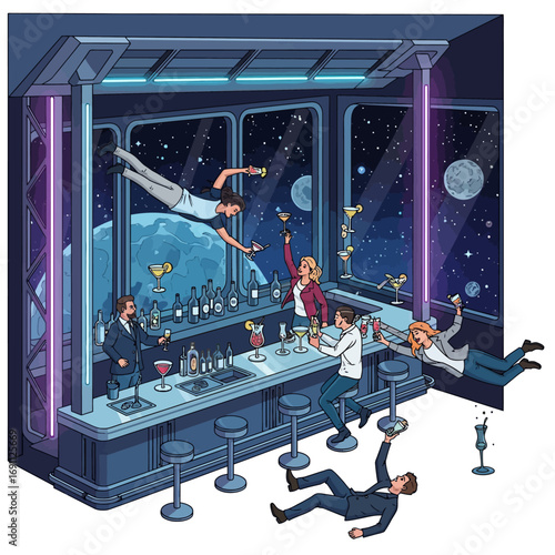 Space station zero-gravity bar vector, futuristic people drinking in floating bar, cosmic travel and sci-fi nightlife