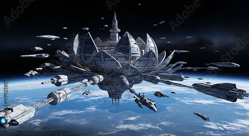 Space Station Orbiting Earth with Advanced Technology.