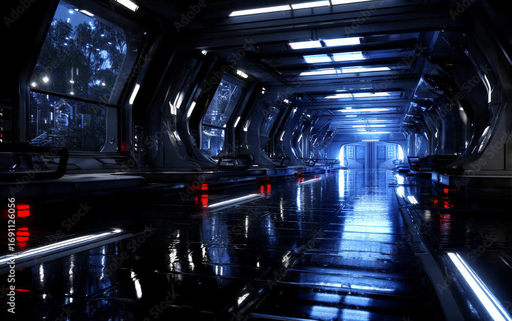 Fototapeta premium Futuristic Sci-Fi Corridor with Bright Lights and Reflective Surfaces
