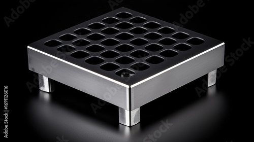 A square metal grate with a black interior and silver frame.