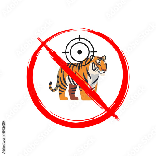 No tiger hunting icon. A powerful vector illustration promoting wildlife protection, conservation, and the fight against illegal poaching of endangered species