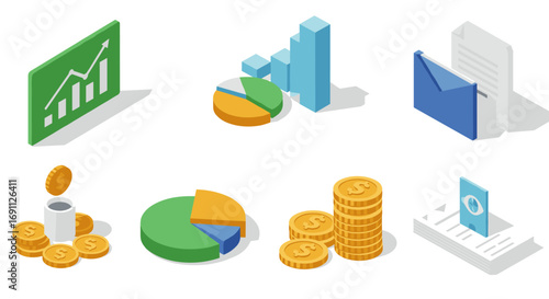 Colorful isometric business icons with graphs and coins for financial applications