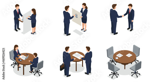 Isometric business meeting and office interaction set