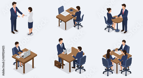 Isometric office scenarios featuring business meetings and workspace interactions