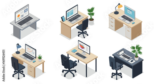 Modern isometric office workstations with laptops and office chairs