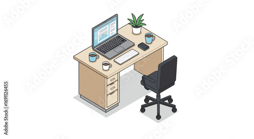 Isometric office desk setup with laptop, coffee, plants, and chair in modern style