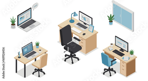 Modern isometric office workspace with desks, laptops, and accessories