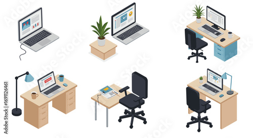 Isometric office desks and workstations with laptops and accessories