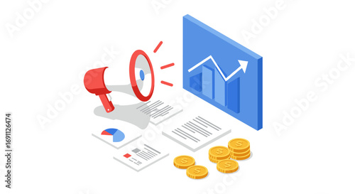 Isometric business growth concept with megaphone and financial graph