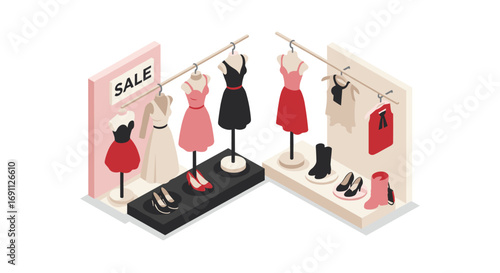 Isometric fashion boutique display with dresses and accessories on sale