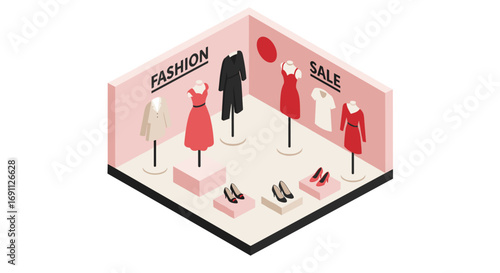 Isometric fashion boutique display with trendy dresses and shoes on sale
