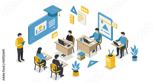 Online learning isometric concept with students and teachers in virtual classroom setting