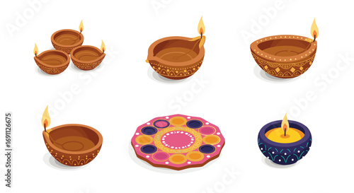 Festive diwali lamps and rangoli set with lit diyas in isometric style