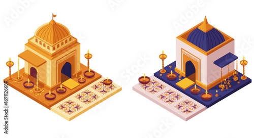 Isometric middle eastern architecture with ornate pathway and lanterns